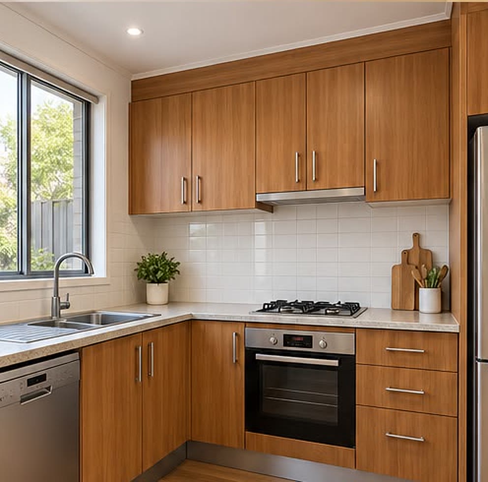 Kitchen before wrapping: dated orange timber cabinets
